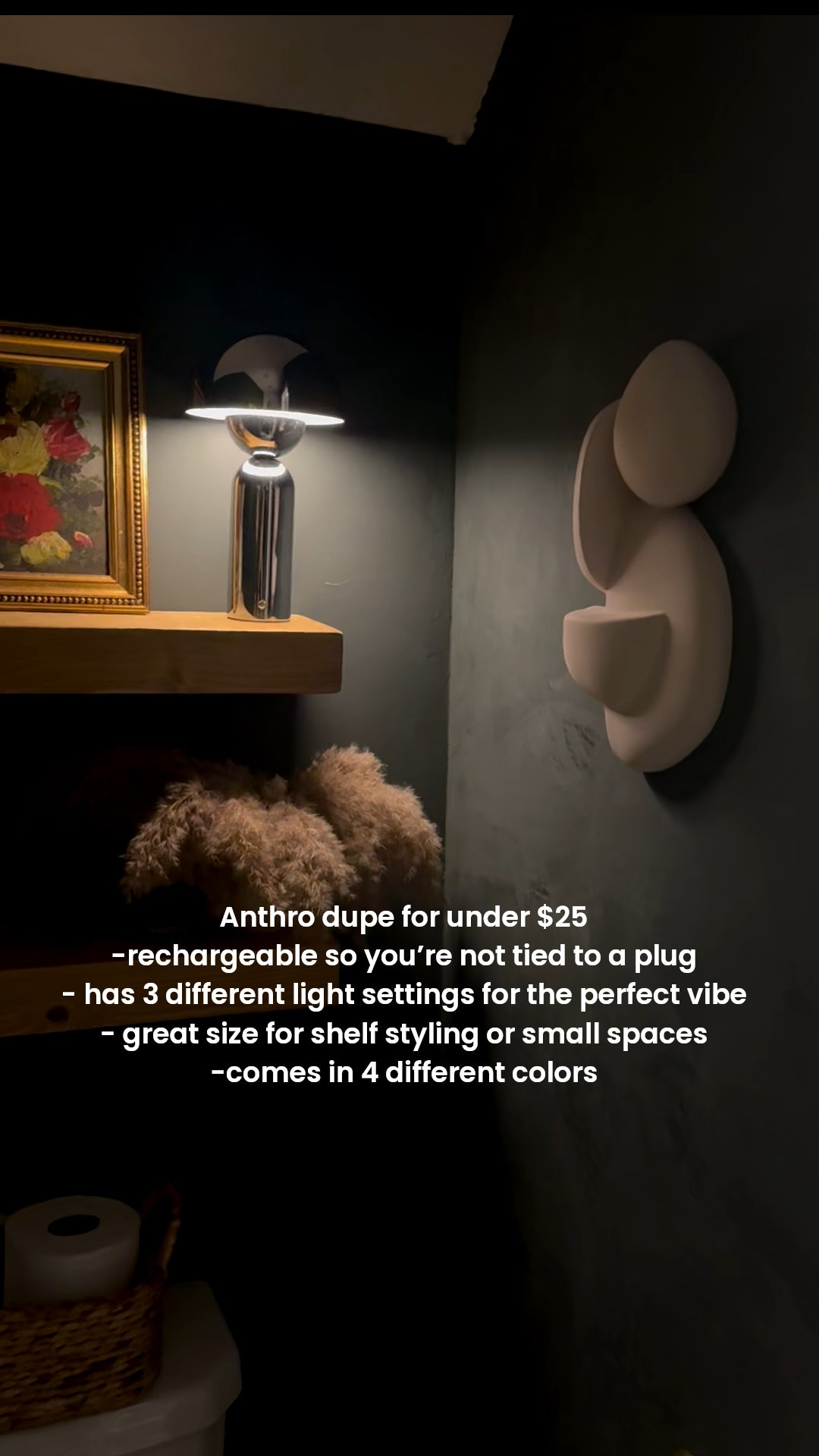 Obsessed with this mini lamp from Target! It’s the perfect size for this powder bath and adds the perfect touch of cozy!!! ✨ 

Metal is so in! This is a great dupe for the Anthro lamp which is over $200. This one is under $25!

#target #targetfinds #anthrodupe #budgetfinds #cozyvibes #cozyhome

#LTKFindsUnder50 #LTKHome