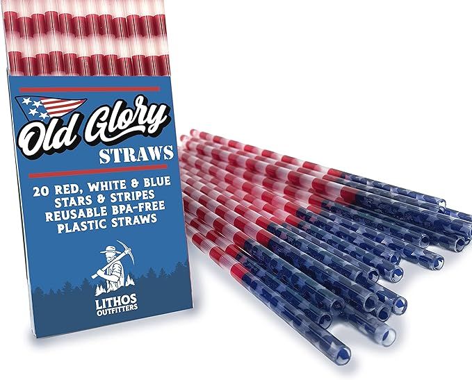 Lithos Outfitters, Old Glory Straws 20-Pack Red White Blue American Flag Reusable BPA-Free Plasti... | Amazon (US)