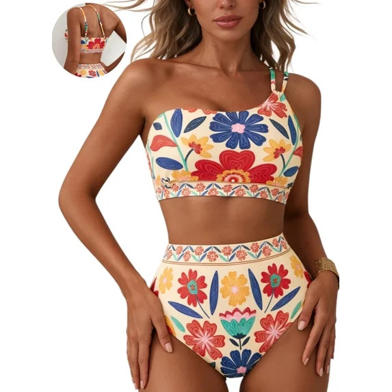 DOKOTOO Women's Bikini Sets Floral Print One Shoulder Spaghetti Straps High Waist Stretchy Tummy ... | Walmart (US)