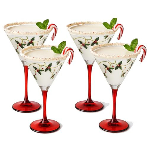 Meanplan Christmas Martini Glass Set of 4 Christmas Wine Glass Drinkware Festival Themed Beverage Drinking Glasses Holiday Cocktail Cup with Red & Green Holly Leaf Design for Xmas Holiday Party | Amazon (US)