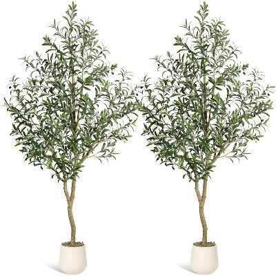 TROPOW Faux Olive Tree 7ft - Real Touch Leaves & Fruits, PE with Natural Wood Trunk in White Pot - No Watering for Living Room/Office(2pcs) | Target