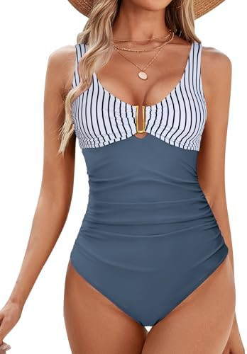 BMJL Women's Tummy Control Swimsuits Ruched Slimming One Piece Bathing Suit Deep V Neck Swimsuit | Amazon (US)