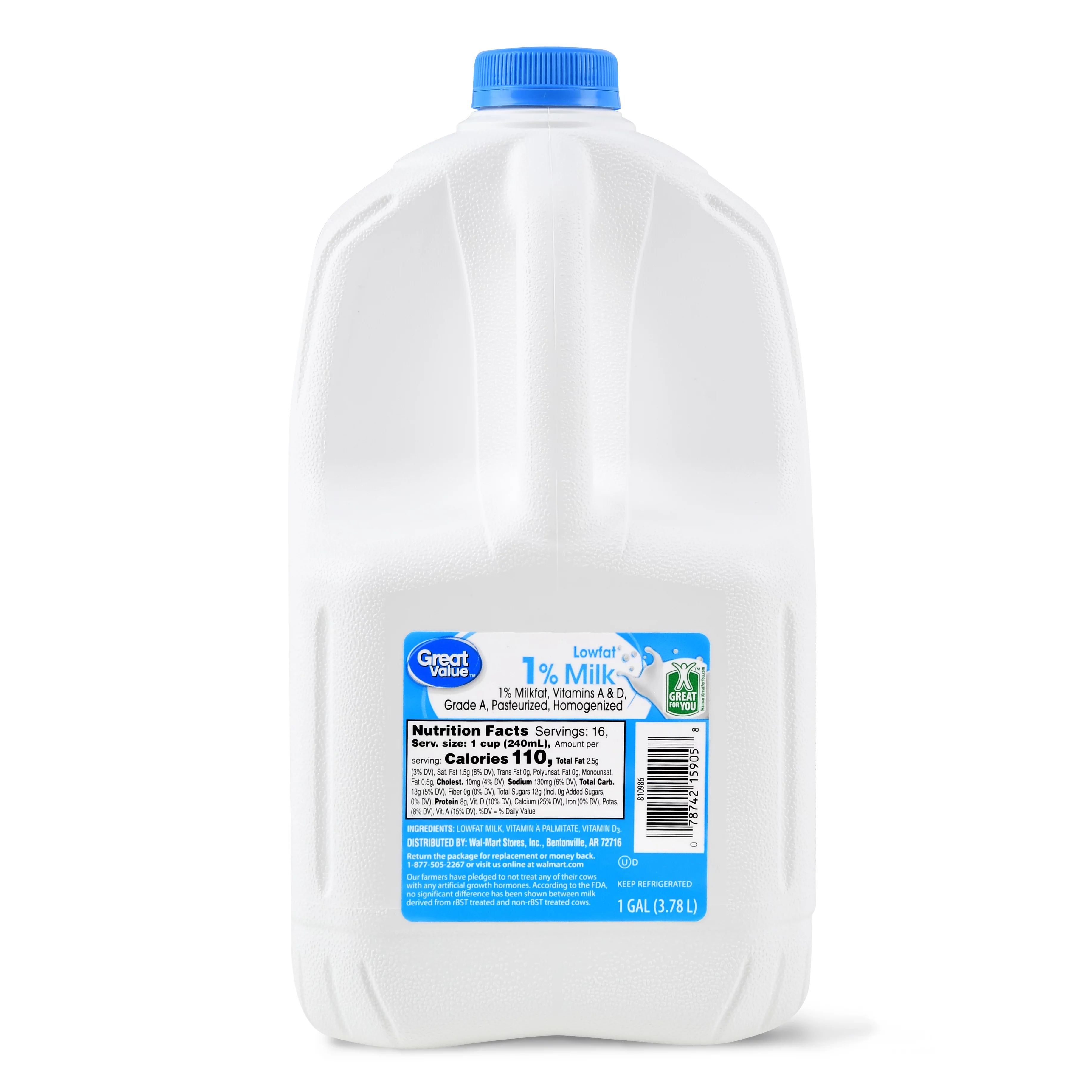 Great Value 1% Low Fat Milk, Gallon, 128 fl oz | Walmart (US)