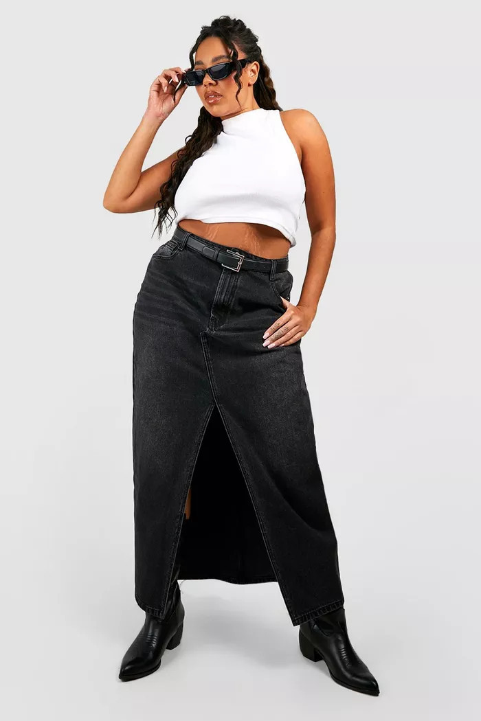 Plus Split Front Denim Maxi Skirt | Boohoo.com (UK & IE)