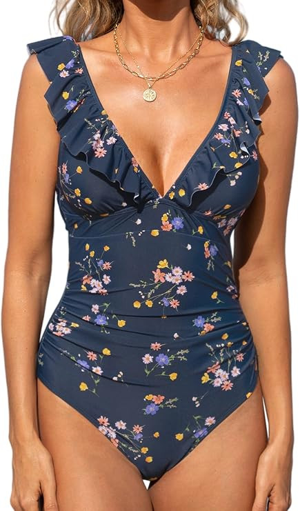 CUPSHE Women's Ruffled One Piece Swimsuit V Neck Lace Up | Amazon (US)