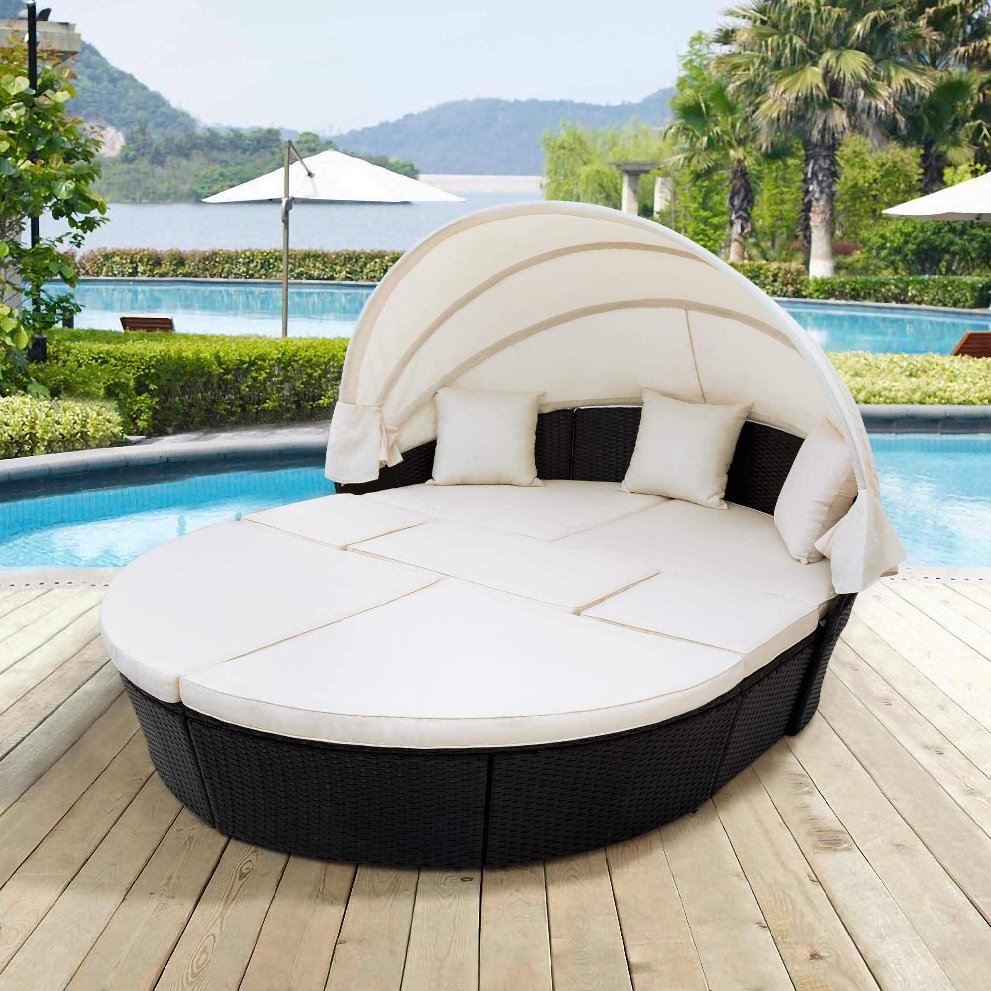 Lucakuins Patio Furniture Outdoor Daybed with Retractable Canopy Wicker Furniture Sectional Seati... | Amazon (US)