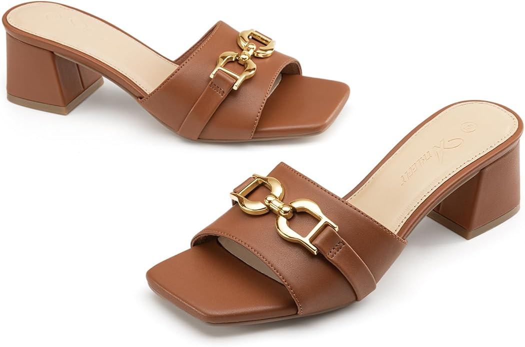 Athlefit Women's Raffia Heeled Sandals Square Open Toe Slip On Mules Chunky Block Heels with Meta... | Amazon (US)