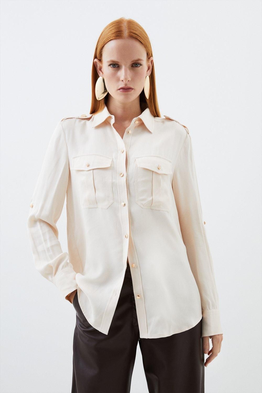 Satin Long Sleeve Pocket Detail Woven Shirt | Karen Millen UK + IE + DE + NL