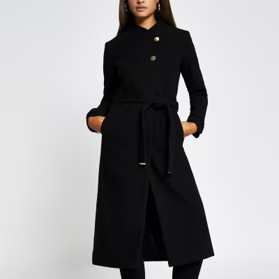 Black belted wrap coat | River Island (UK & IE)