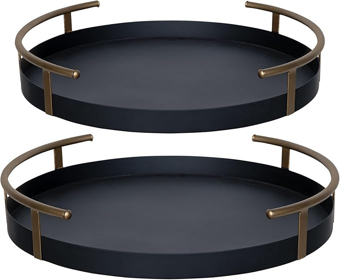 Stratton Home Decor Round Metal Tray Set of 2 with Matte Black and Gold Finish - Sophisticated De... | Amazon (US)