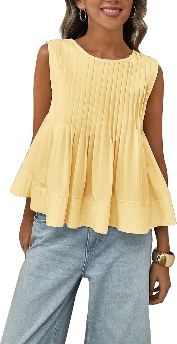 Womens Summer Pleated Peplum Sleeveless Blouse Tank Tops Round Neck Y2K Babydoll Blouse Shirt | Amazon (US)