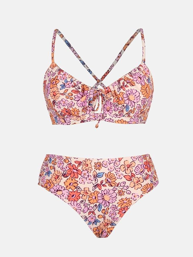CUPSHE Women Bikini Set Two Piece Swimsuits Mid Waisted Bottom Floral Crisscross Back Tie Scoop N... | Amazon (US)