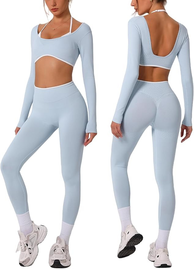 ABOCIW Workout Sets for Women Long Sleeve Crop Top Scrunch Butt Lifting High Waist Leggings 2 Pie... | Amazon (US)