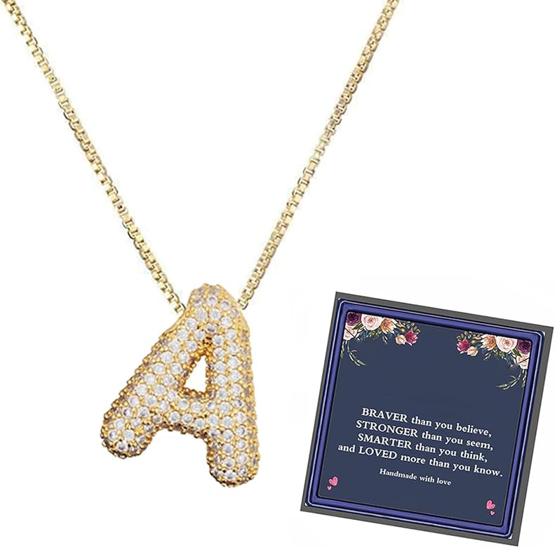 Balloon Letter Necklace For Women, Cubic Zirconia Bubble Initial Alphabet Pendant 18k Gold Plated... | Amazon (US)