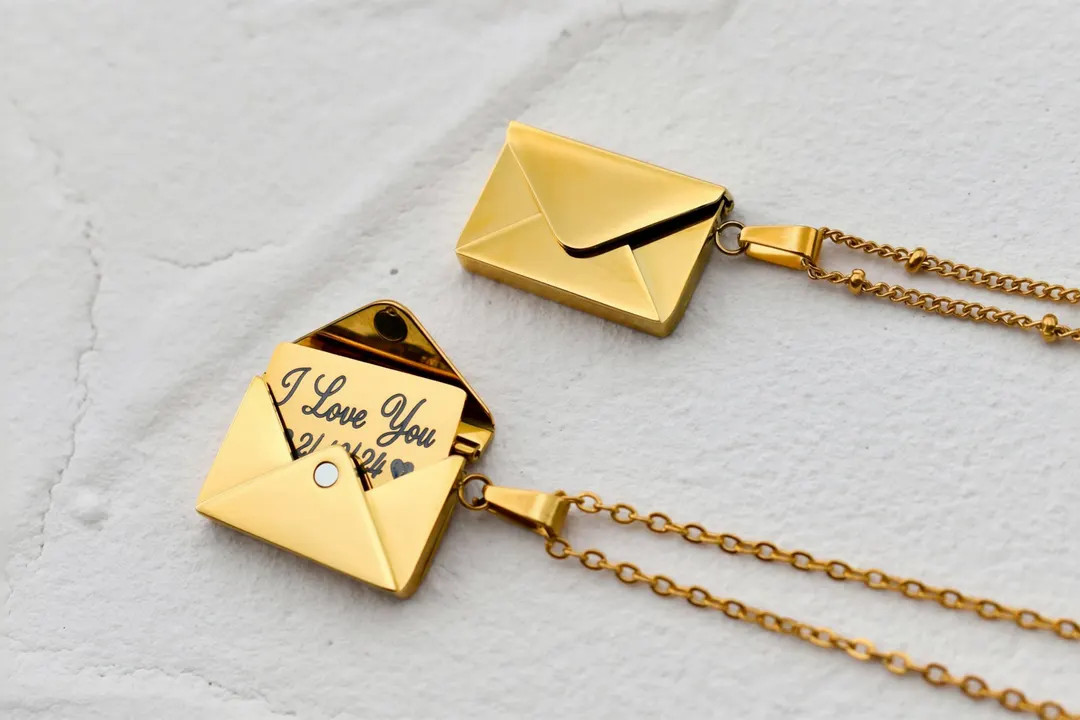 Gold Personalized Envelope Locket Necklace Secret Message Necklace Photo Custom I Love You Date G... | Etsy (US)