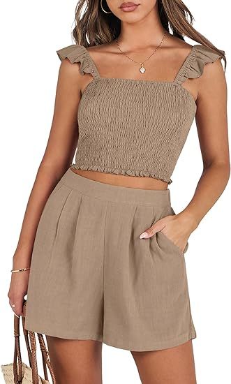 ANRABESS Women's 2 Piece Outfits Summer Linen Sets Smocked Crop Tops Matching Shorts Lounge Set 2... | Amazon (US)