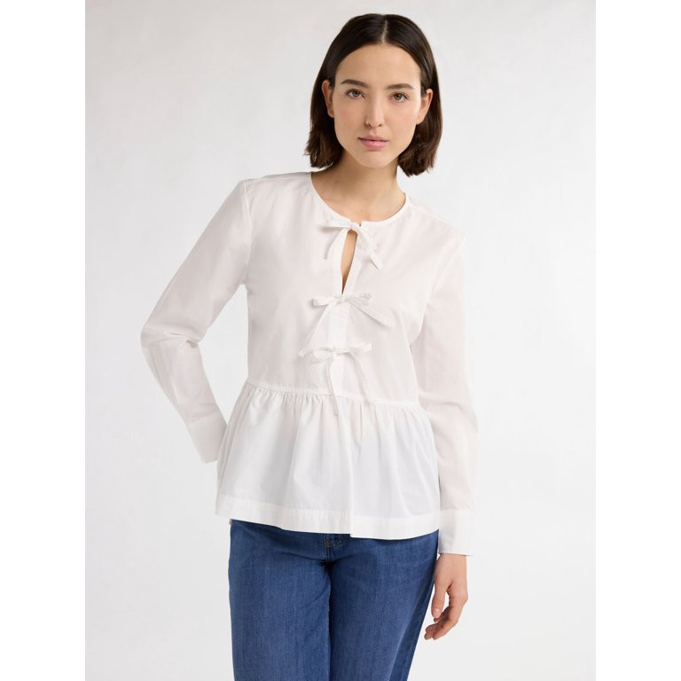 Free Assembly Women’s Cotton Bow Front Top with Long Sleeves, Sizes XS-XXXL - Walmart.com | Walmart (US)