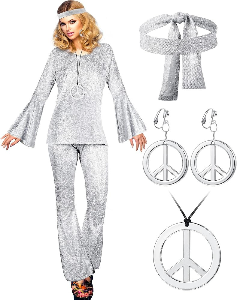 Haysandy 70s Women Disco Costume Set Disco Outfit Shinning Sparkly Dress Jumpsuit for Carnival Ha... | Amazon (US)