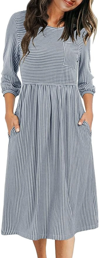 MEROKEETY Women's 3/4 Balloon Sleeve Striped High Waist T Shirt Midi Dress with Pockets | Amazon (US)