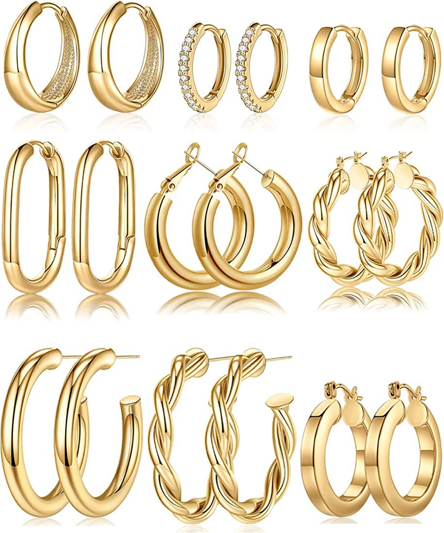 925 Sterling Silver Post 14K Real Gold Plated Chunky Hoop Earrings Set for Women, Hypoallergenic Thi | Amazon (US)