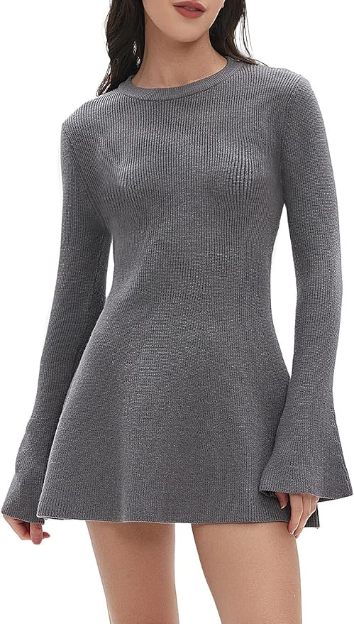 Women Spring Fall Winter Casual Sweater Dress Crew Neck Mini A-Line Knit Flare Sleeve Pullover Sw... | Amazon (US)