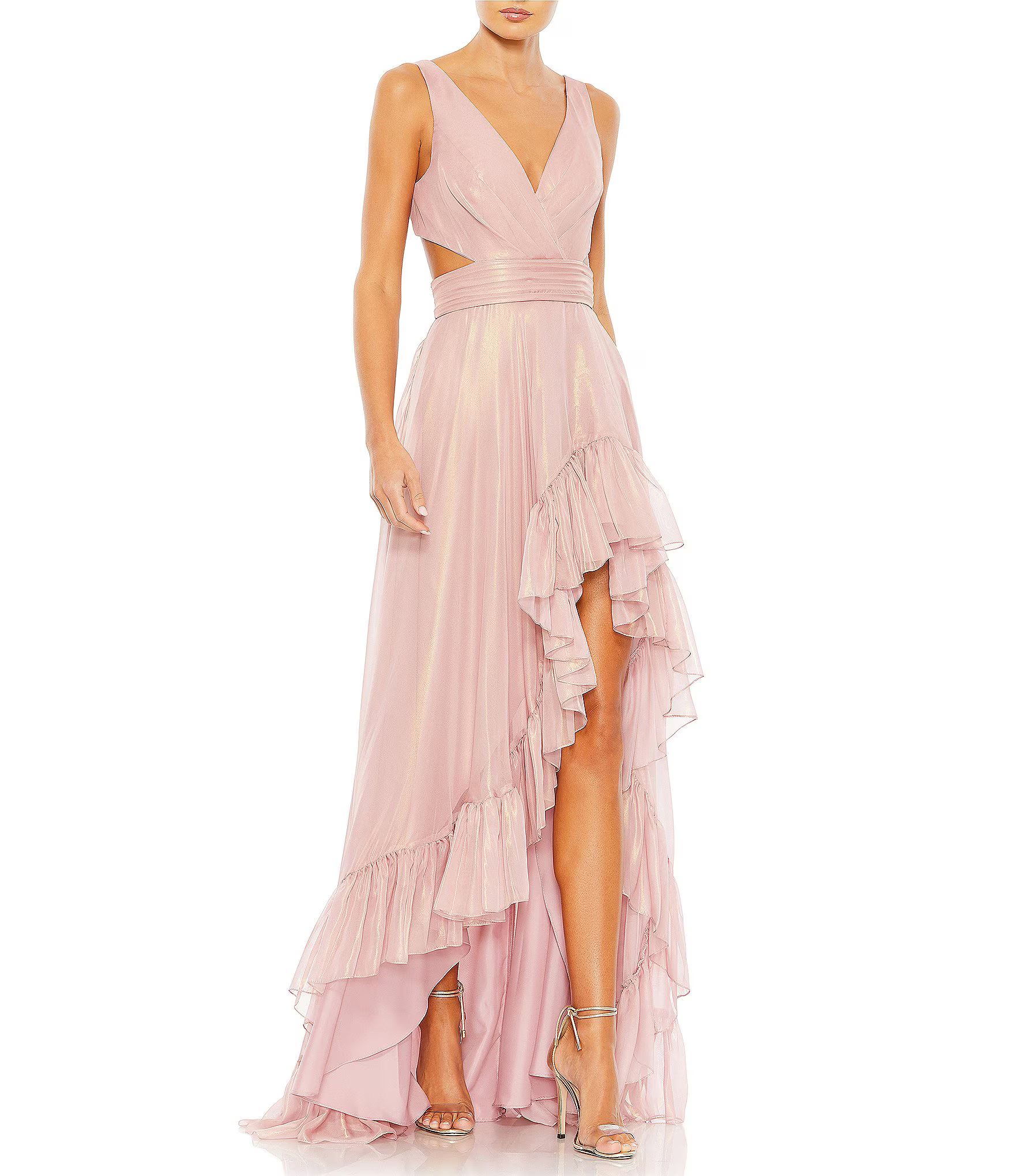 Surplice V-Neck Sleeveless Cut-Out Tie Back Detail Tiered Ruffle Hem High-Low Gown | Dillard's