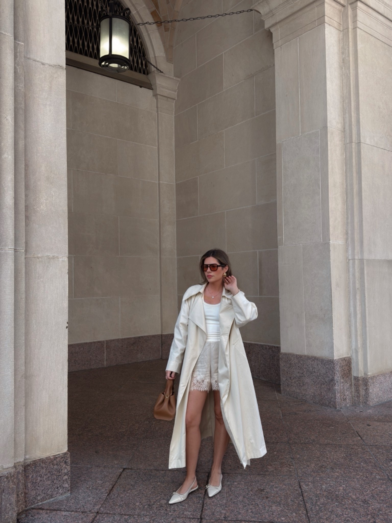 Trench coat and lace satin shorts