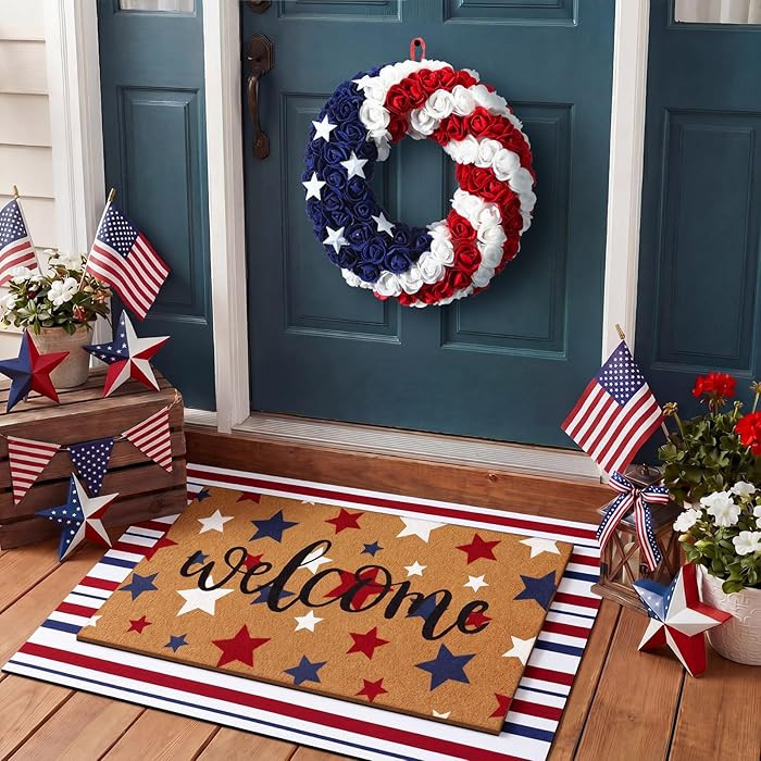 Breling 3 Pcs July 4th Patriotic Coir Door Mat and Wreath for Front Door Outdoor Americana Star W... | Amazon (US)