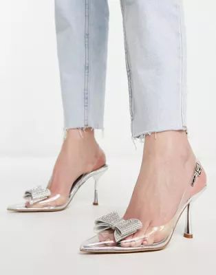 ASOS DESIGN Sass embellished bow slingback stiletto mid shoes in clear | ASOS (Global)