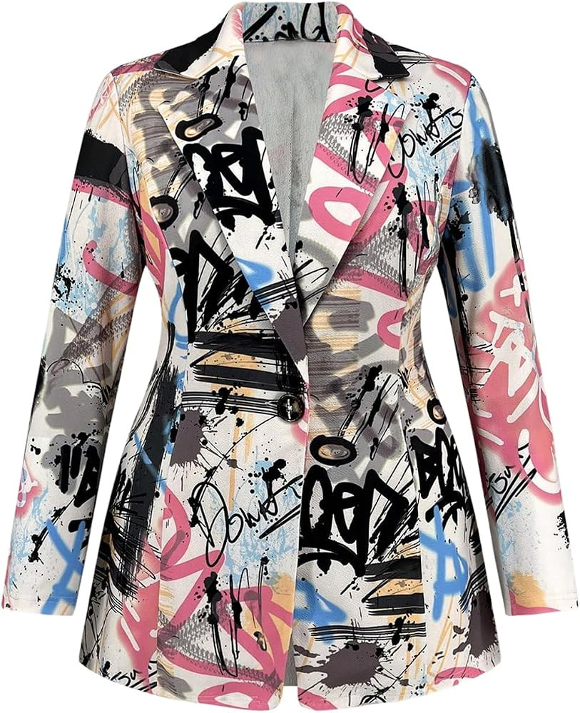 WDIRARA Women's Plus Size Lapel Collar Open Front Graffiti Graphic Button Blazer Jacket | Amazon (US)