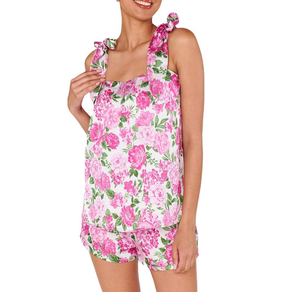 Women Floral Print Pajama Sets Square Neck Tank Top Matching Shorts 2 Piece Lounge PJS Sleepwear | Amazon (US)