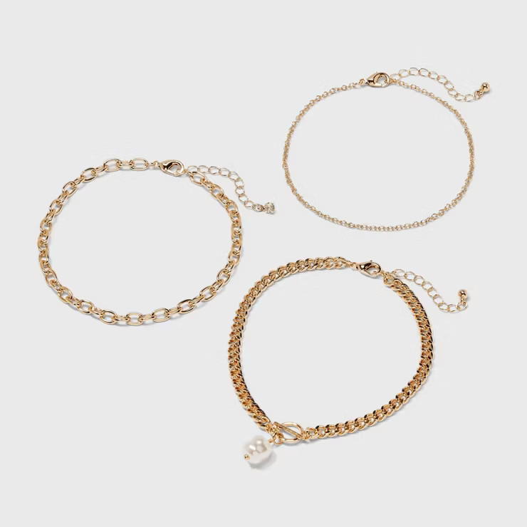 Pearl Drop Chain Anklet Set 3pc - A New Day™ Gold | Target