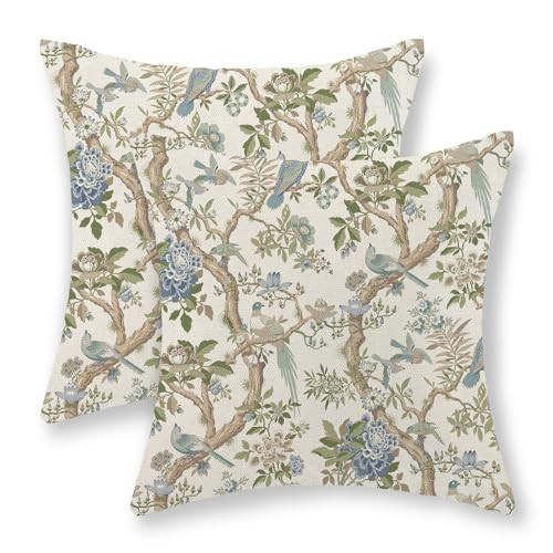 Blue Green Floral Bird Pillow Covers 22x22 Set of 2 Chinoiserie Throw Pillows Green Vintage Flowers Bird Decorative Pillow Cases Outdoor Chinoiserie Decor Farmhouse Cushion Case for Couch Sofa | Amazon (US)