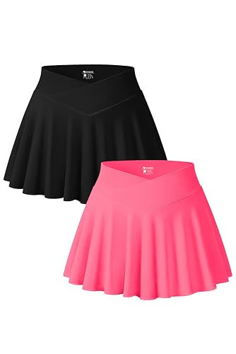 OQQ Women 2 Piece Mini Skirts 2 in 1 Flowy Sexy Basic Stretchy Cross Over Flared Casual Skirts Black Fluorescent Pink B | Amazon (US)
