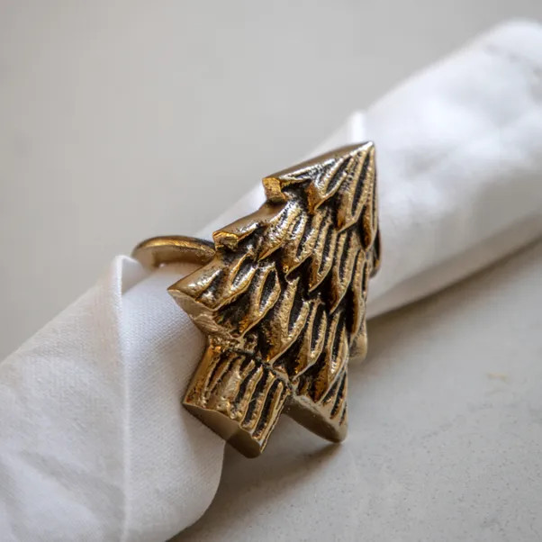 Cedar and Sage Set of 4 Antique Gold Christmas Tree Napkin Rings | Dunelm