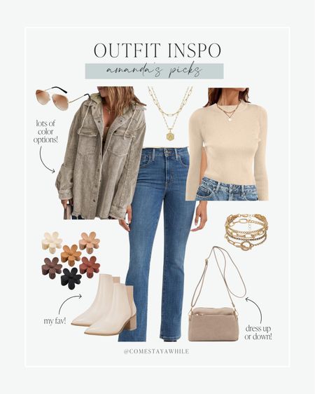My favorite neutral cozy outfits for on- the go! Dress up or down cozy oversized shacket and tan long sleeve shirt with Levi’s jeans. Cute accessories for every day wear. Flower hair clips, gold bracelets, initial paper clip necklace, aviator sunglasses, tan booties, and beige crossbody purse. 

#LTKworkwear #LTKstyletip