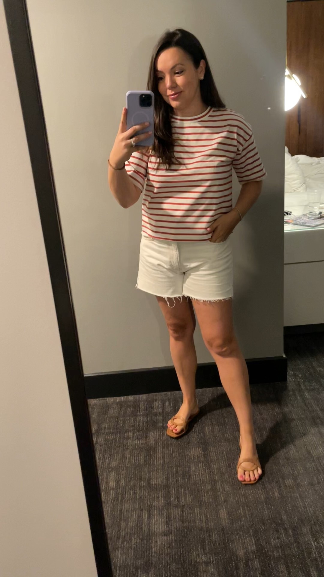 Summer uniform 
Size up in striped tee for length, I’m wearing a medium. 25% off for Memorial Day weekend with code MADEBETTER
Frame denim white cutoff shorts 
Antonio Melani slip on leather sandals 


#LTKSaleAlert #LTKSeasonal #LTKFindsUnder100