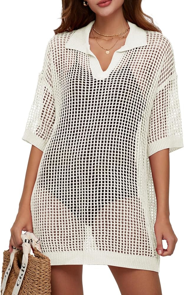 DEEP SELF Women's Swimsuit Cover Up Crochet Bathing Suit Swimwear Short Sleeve V Neck Hollow Out ... | Amazon (US)