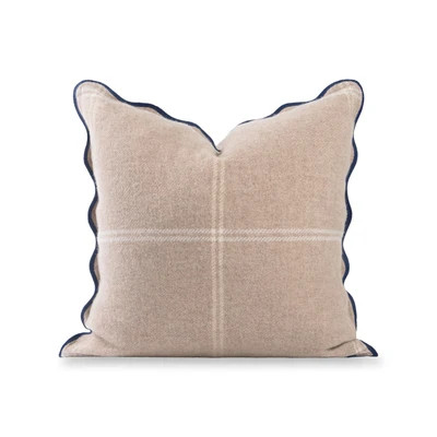 Chathia Windowpane, Merino Wool Scalloped Plaid Pillow Cover, Classic Camel, 20"x20" | Hofdeco