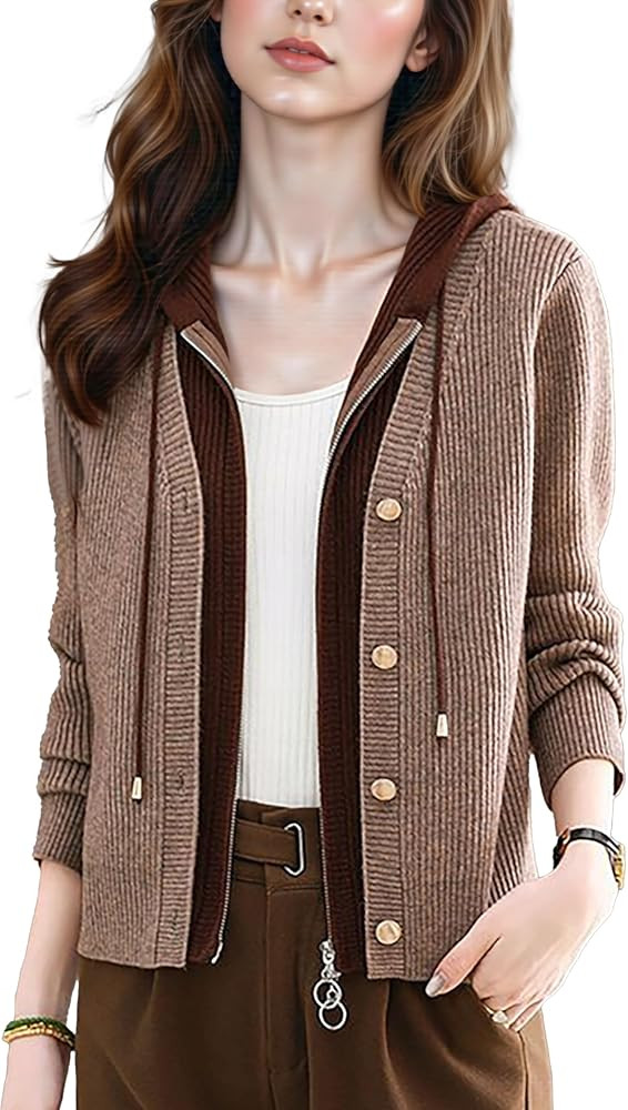 LAI MENG FIVE CATS Women's Casual Cardigan Hooded V Neck Sweaters Knitted Long Sleeve Knit Jacket... | Amazon (US)