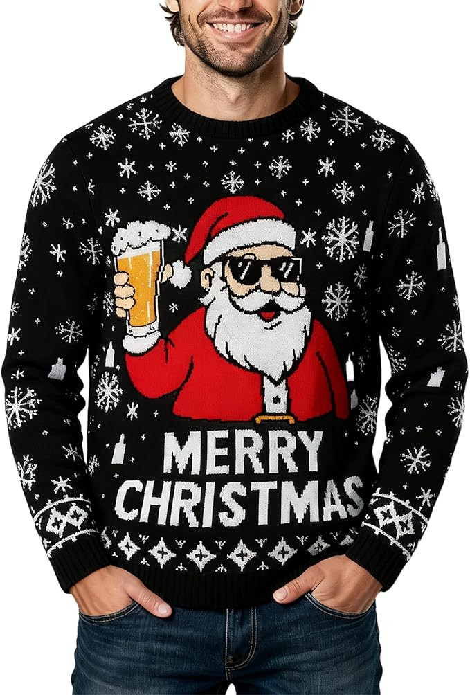 Ugly Christmas Sweater Men: Funny Snowflake Santa Hilarious Xmas Claus Soft Pullover Long Sleeve ... | Amazon (US)