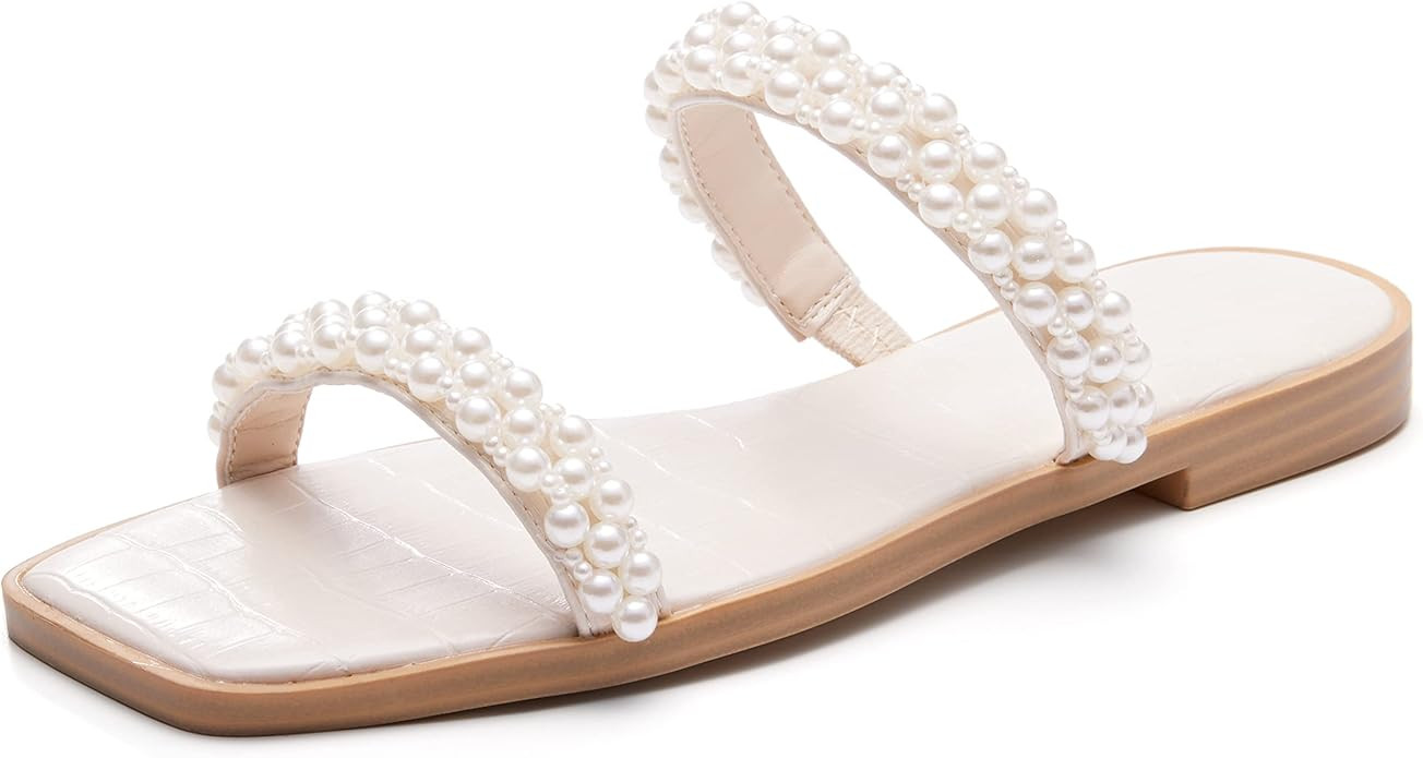 Coutgo Womens Flat Sandals Square Open Toe Pearl Two Strap Slip On Beach Slide Dressy Sandal | Amazon (US)