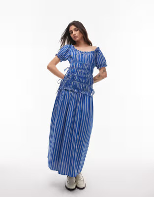 Topshop cap sleeve shirred dress with tie sides in blue stripe | ASOS (Global)
