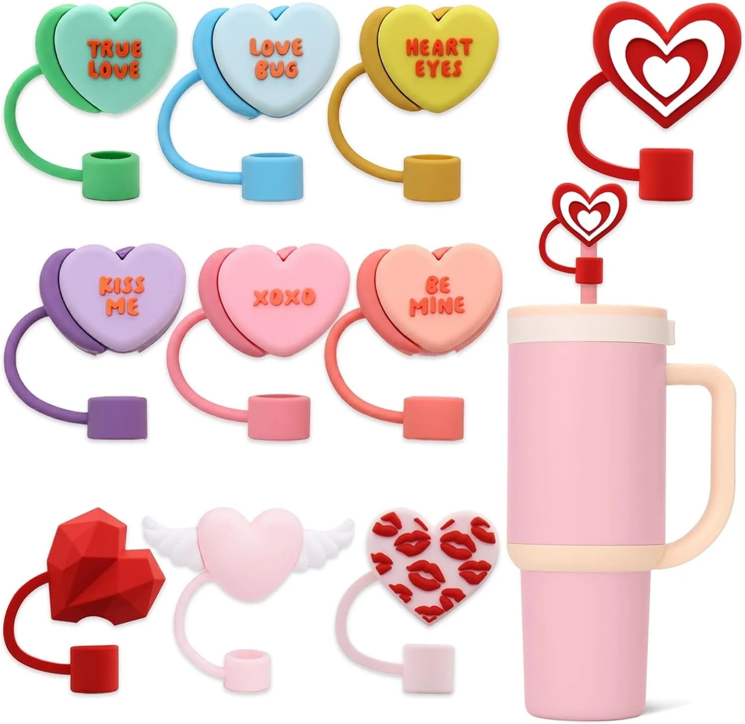 10pcs Valentine Straw Toppers Reusable Silicone Love Heart Straw Topper for Stanley Cup 10mm 0.4i... | Walmart (US)