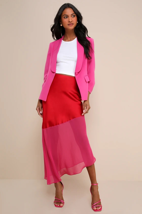 Memorable Approach Red and Pink Color Block Satin Midi Skirt | Lulus
