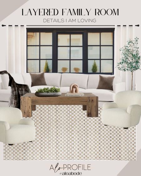 Layered Family Room // white sectional, large square coffee table, wood coffee table, neutral throw pillows, boucle accent chairs, checkered layered rug, neutral rug, patterned rug, throw blanket, potted moss, decorative accents, oversized chairs, olive plant, accent plant, white drapery, neutral drapery

#LTKhome