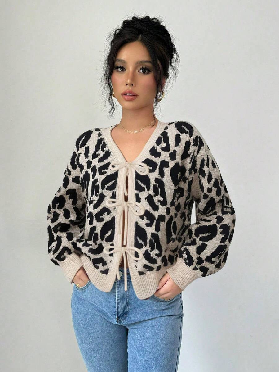 Selianne Women's Casual V-Neck Leopard Print Contrast Color Bow Lantern Sleeve Cardigan Sweater, ... | SHEIN