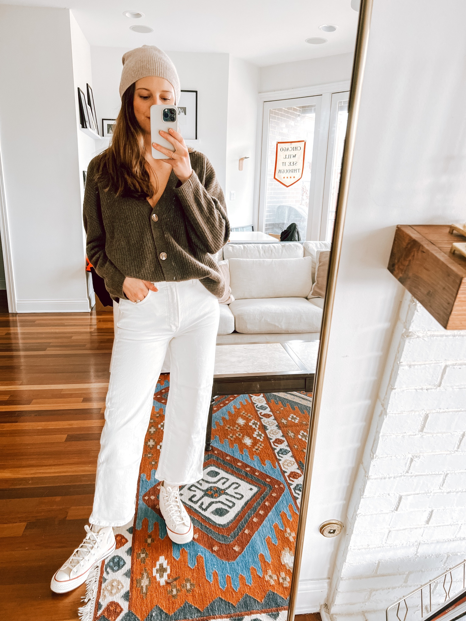 How I styled the quince cardigan with white pants for a springier look (while still being warm!) Jeans do have stretch so go down a size if you want them to be and stay snug. Go 1/2 size down for sneakers! Sweater order your regular size, I wear small 