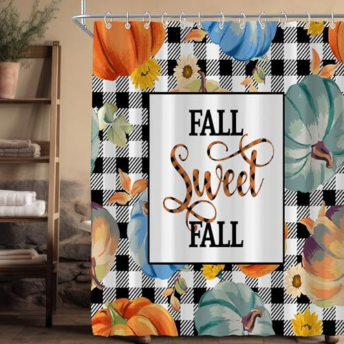 Visioun Fall Pumpkin Harvest Autumn Shower Curtain for Bathroom 72W*72H Inch Thanksgiving Rustic Black White Buffalo Plaid Maple Bathtub Autumnal Decor Waterproof Polyester Fabric Set with 12 Hooks | Amazon (US)