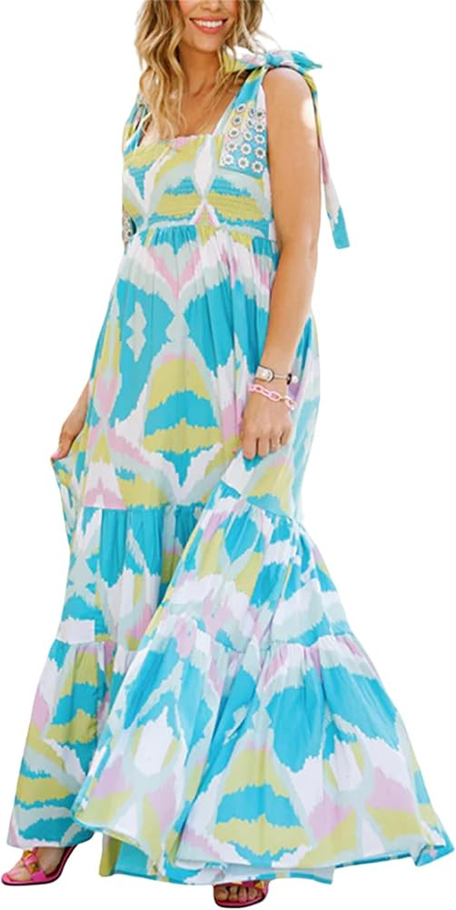 Floral Boho Maxi Dress for Women Sleeveless Tie Shoulder Casual Smocked Long Dress Flowy Sundress... | Amazon (US)